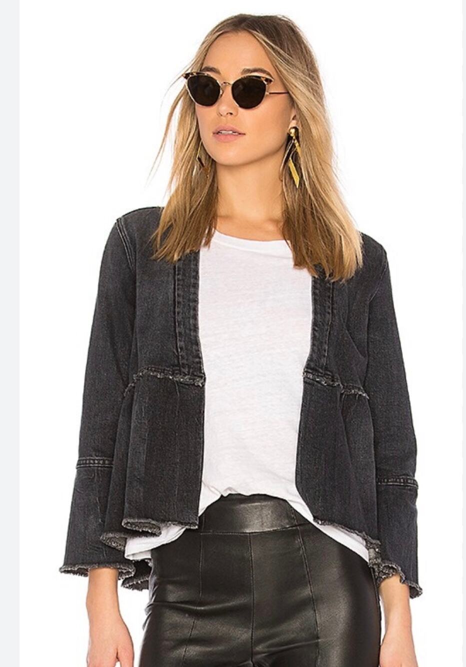 AMO Denim Flounce Jacket Paloma Black Raw Hem Size Small